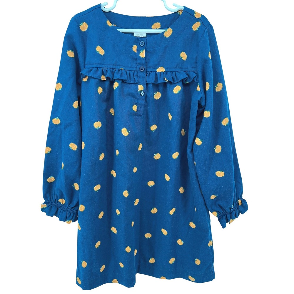 Crewcuts Girl M 8-9 Navy Blue Long Sleeve Dress Orange Pumpkin Print Ruffle Fall